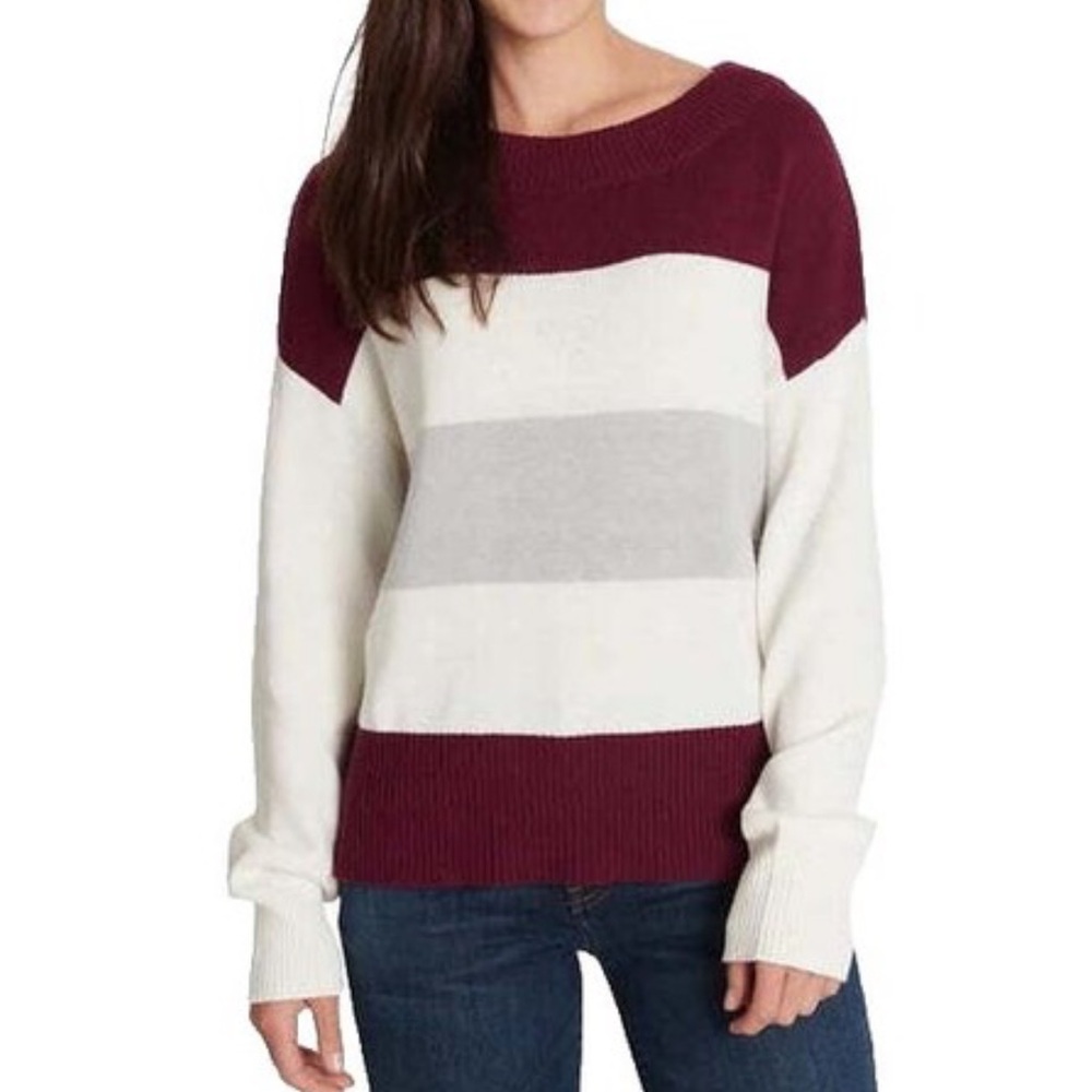 Lucky Brand Burgundy and Cream Striped Sweater